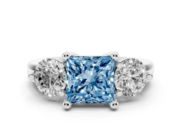 Fancy Blue Three-Stone Princess Cut Brilliant Cut Solitaire Ring with Prong Setting on a Classic Band Platinum