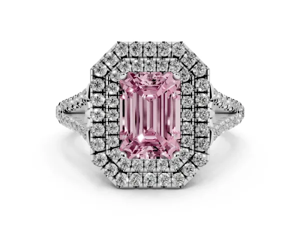 Fancy Pink Emerald Cut Diamond Double Halo Ring with Pavé Band and Prong Setting Platinum