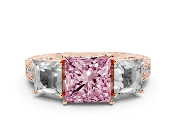 Fancy Pink Three-Stone Princess Cut Cut Milgrain Pavé Engagement Ring Rose gold