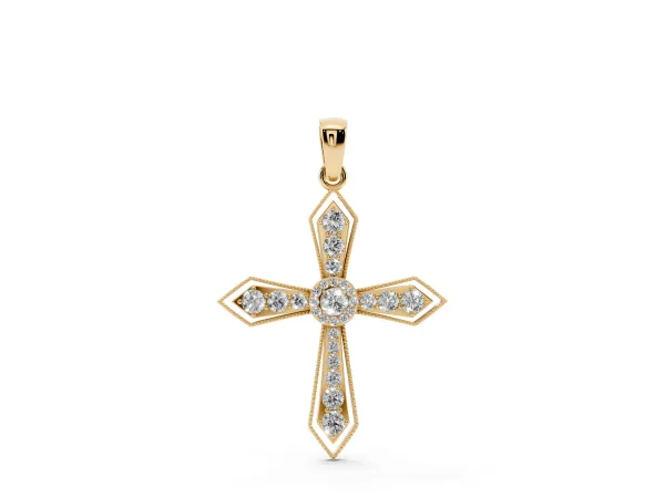 Round Diamond Milgrain Cross Pendant with Bezel Setting Yellow gold