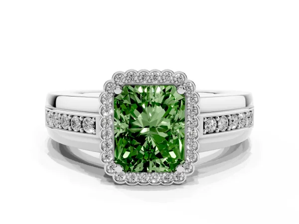 Fancy Green Radiant Cut Cut Halo Pave Band Four-Prong Ring Platinum