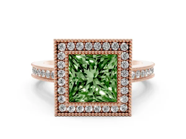 Fancy Green Princess Cut Cut Halo Diamond Ring with Pavé Band and Milgrain Prong Setting Rose gold