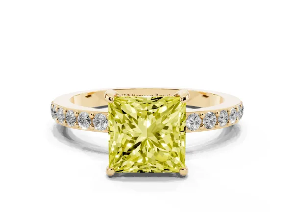 Fancy Yellow Princess Cut Diamond Pavé Engagement Ring with Round Accents and Prong Setting Yellow gold