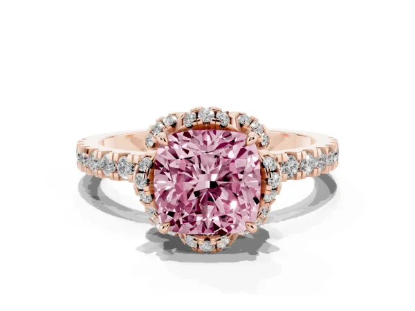Fancy Pink Cushion Cut Halo Diamond Pave Band Ring with Four-Prong Setting Rose gold
