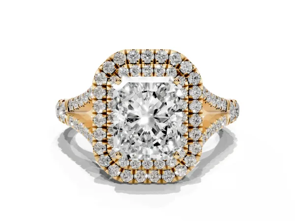 Double Halo Radiant Cut Diamond Split Shank Engagement Ring with Four-Prong Setting Yellow gold