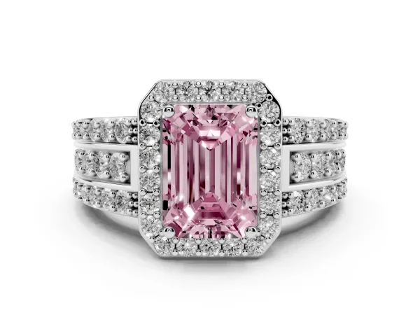 Fancy Pink Emerald Cut Halo Diamond Ring with Round Split Shank and Prong Setting Platinum