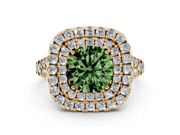 Fancy Green Double Halo Round Cut Diamond Pavé Split Shank Ring with Prong Setting Yellow gold