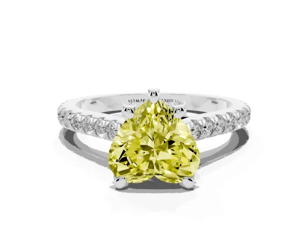 Fancy Yellow Heart Cut Brilliant Diamond Solitaire with Pavé Band and Four-Prong Setting Platinum