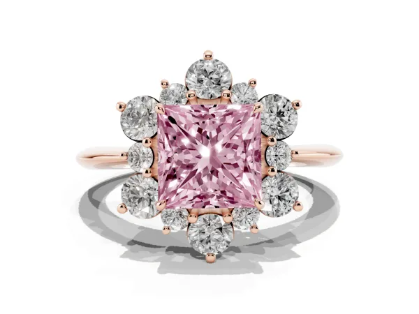 Fancy Pink Princess Cut Diamond Cluster Halo Ring with Solitaire Band and Four-Prong Setting Rose gold