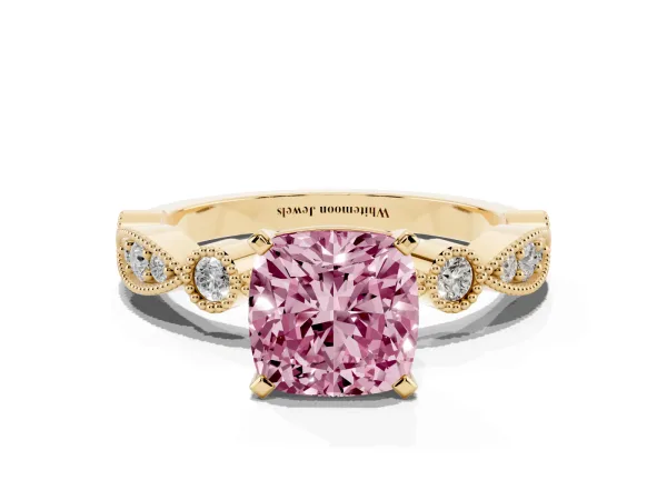 Fancy Pink Cushion Cut Milgrain Bezel Diamond Engagement Ring with Solitaire Prong Setting Yellow gold