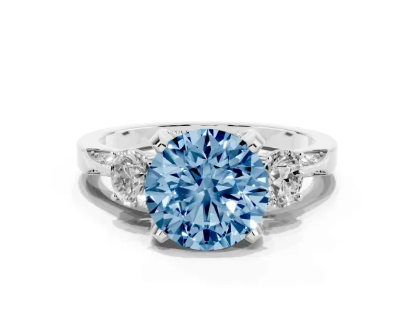 Fancy Blue Round Cut Brilliant Three-Stone Diamond Ring with Pavé Band and Four-Prong Setting White gold