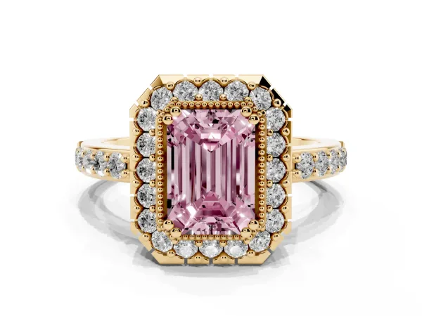 Fancy Pink Emerald Cut Diamond Halo Ring with Pavé Band and Prong Setting Yellow gold