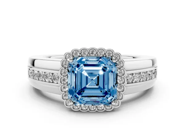 Fancy Blue Asscher Cut Cut Halo Pave Band Four-Prong Ring White gold