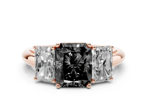 Fancy Black Three-Stone Radiant Cut Cut Diamond Engagement Ring with Prong Setting on a White Gold Band Rose gold