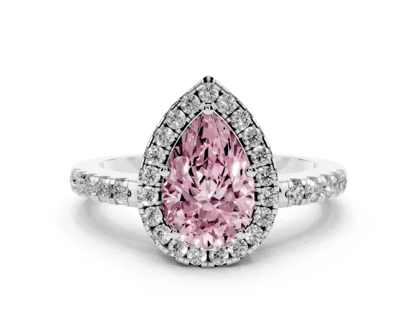Fancy Pink Pear Cut Halo Diamond Engagement Ring with Pavé Band and Four-Prong Setting White gold