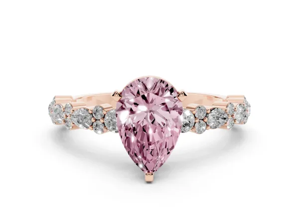 Fancy Pink Pear Cut Diamond Side Stone Solitaire Ring with Round and Four-Prong Setting Rose gold