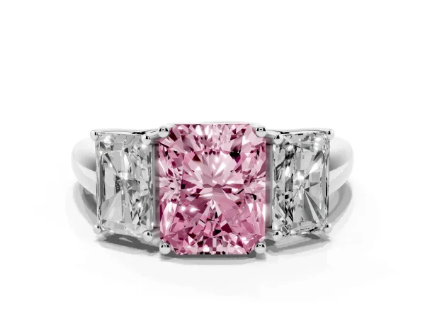 Fancy Pink Three-Stone Radiant Cut Diamond Engagement Ring with Prong Setting Platinum
