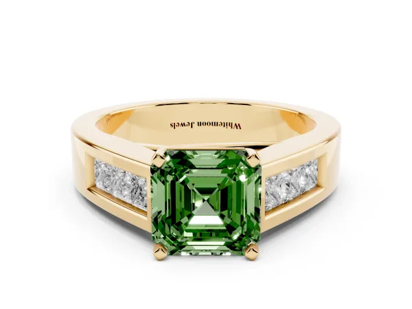 Fancy Green Asscher Cut Cut Channel Set Solitaire Ring with Four-Prong Setting Yellow gold