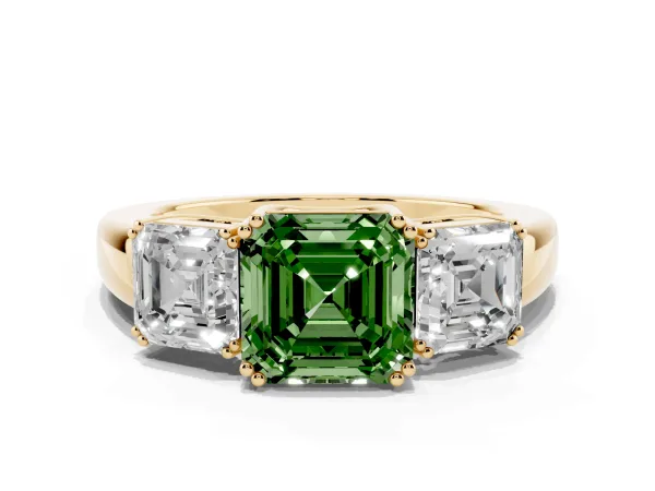 Fancy Green Three-Stone Asscher Cut Cut Diamond Ring with Channel Set Band and Four-Prong Setting Yellow gold