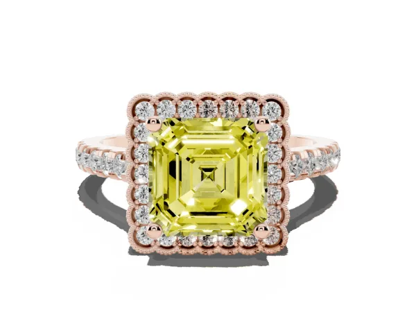 Fancy Yellow Asscher Cut Cut Diamond Milgrain Floral Halo Engagement Ring with Pavé Band Rose gold