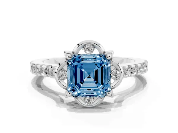 Fancy Blue Asscher Cut Diamond Ring with Pavé Band and Floral Prong Setting Platinum