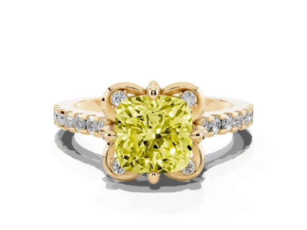 Fancy Yellow Cushion Cut Diamond Ring with Pavé Band and Floral Prong Setting Yellow gold