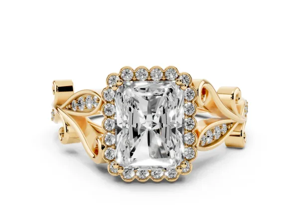 Radiant Cut Diamond Halo Ring with Vintage Split Shank and Four-Prong Setting Yellow gold