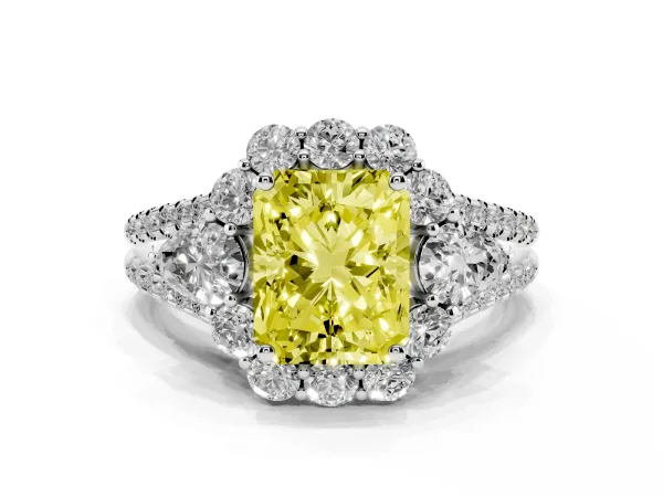 Fancy Yellow Radiant Cut Halo Split Shank Diamond Engagement Ring with Prong Setting White gold