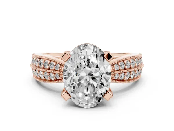 Oval Cut Diamond Solitaire Ring with Milgrain Round Pavé Band and Prong Setting Rose gold