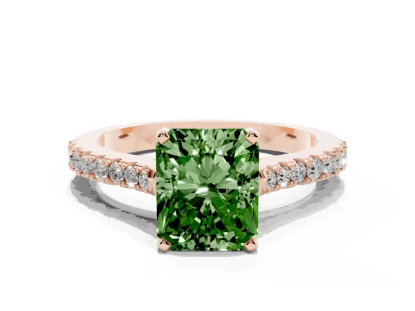 Fancy Green Radiant Cut Cut Solitaire Diamond Engagement Ring with Pave Band and Four-Prong Setting Rose gold