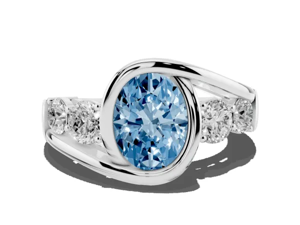 Fancy Blue Bezel Set Oval Cut Diamond Bypass Ring with Round Accents Platinum
