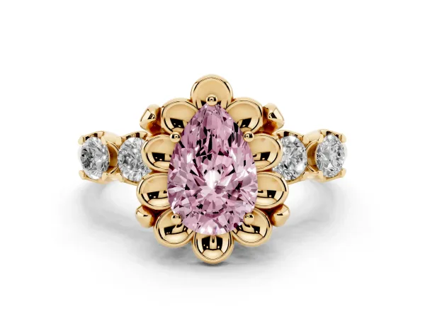 Fancy Pink Pear Cut Cut Diamond Floral Halo Engagement Ring with Shared Prong Setting Yellow gold