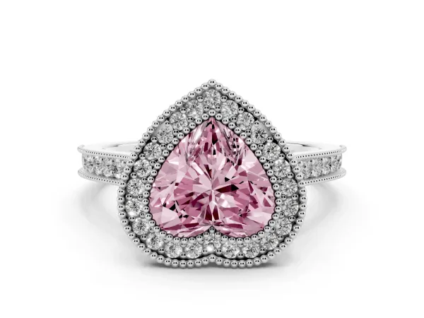 Fancy Pink Halo Heart Cut-Cut Diamond Pave Band Milgrain Prong Setting Ring Platinum