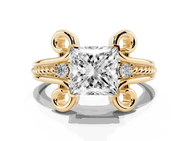 Princess Cut Solitaire Twisted Band Scroll Prong Ring Yellow gold