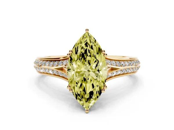 Fancy Yellow Marquise Cut Diamond Split Shank Engagement Ring with Pavé Band Yellow gold