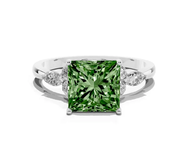 Fancy Green Princess Cut Brilliant Diamond Solitaire Ring with Pear Side Stones and Four-Prong Setting White gold