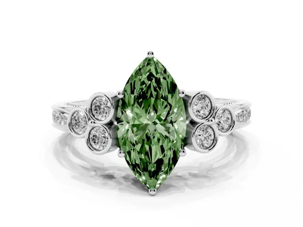 Fancy Green Marquise Cut Cut Diamond Engagement Ring with Bezel Set Round Side Stones and Prong Setting Platinum