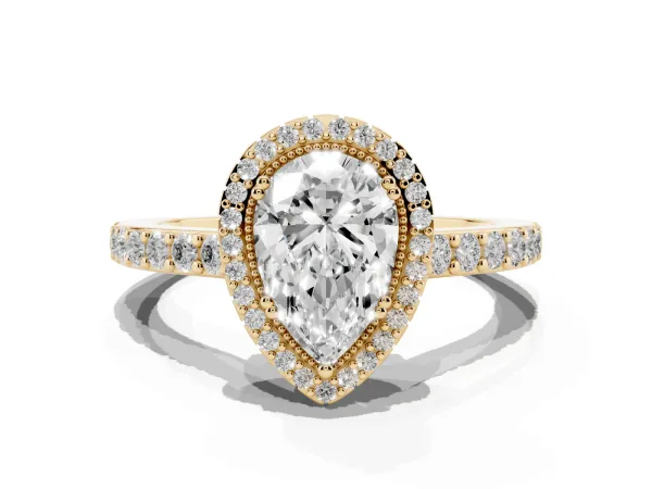 Pear Cut Cut Diamond Halo Engagement Ring with Milgrain Detail and Pavé Band Yellow gold