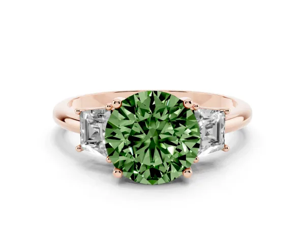 Fancy Green Round Cut Diamond Three-Stone Ring with Trapezoid Side Stones and Prong Setting Rose gold
