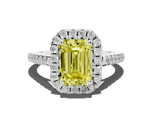 Fancy Yellow Emerald Cut Halo Pavé Diamond Engagement Ring with Four-Prong Setting White gold