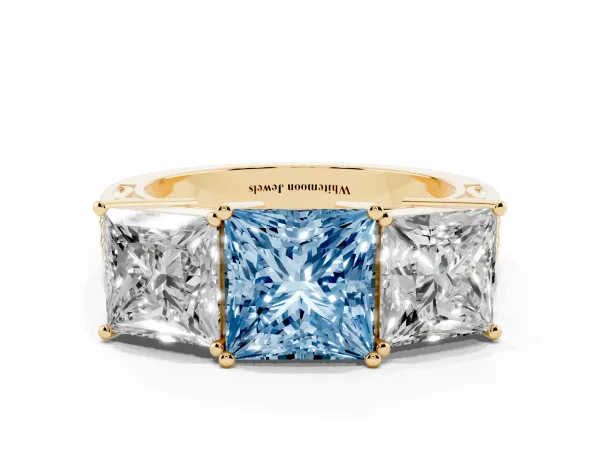 Fancy Blue Princess Cut Diamond Three-Stone Ring with Prong Setting and Textured Band Yellow gold