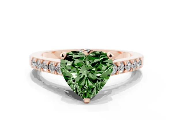 Fancy Green Heart Cut Diamond Solitaire Ring with Crossover Gallery and Round Pavé Band Rose gold