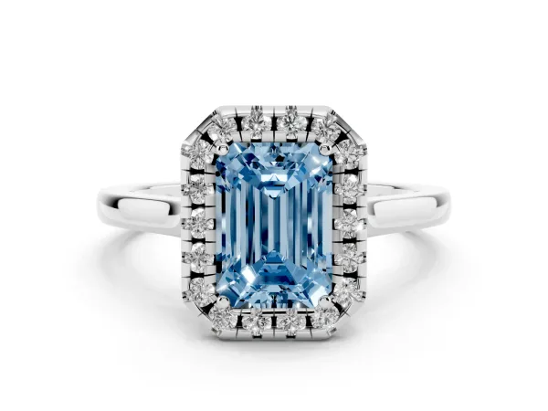 Fancy Blue Emerald Cut Halo Round Diamond Solitaire Ring with Pavé Band and Four-Prong Setting Platinum
