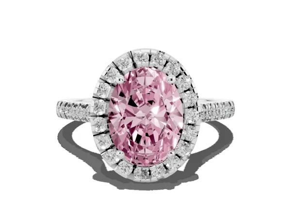 Fancy Pink Oval Cut Diamond Cushion Halo Ring with Pavé Band Platinum