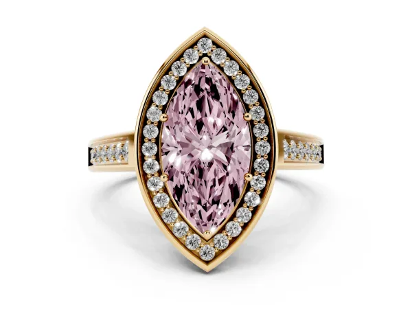 Fancy Pink Marquise Cut Halo Solitaire Diamond Ring with Pave Band and Bezel Setting Yellow gold