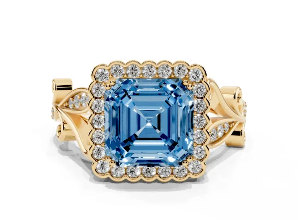 Fancy Blue Asscher Cut Diamond Halo Ring with Vintage Split Shank and Four-Prong Setting Yellow gold