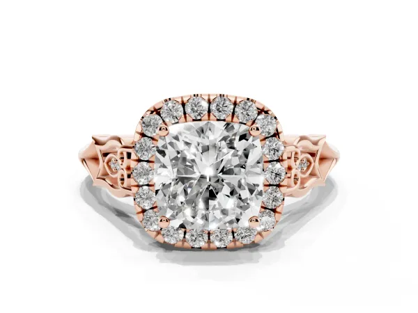 Cushion Cut Halo Diamond Engagement Ring with Filigree Band and Four-Prong Setting Rose gold