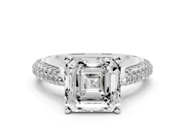 Asscher Cut Diamond Solitaire Engagement Ring with Multi-Row Round Pavé Band and Prong Setting White gold