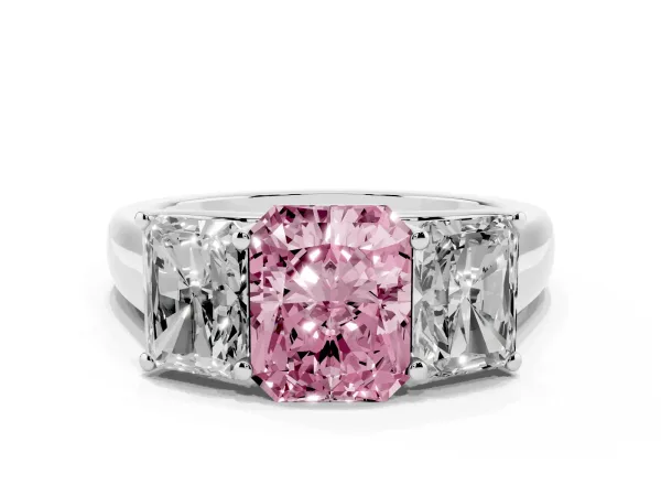 Fancy Pink Radiant Cut Three-Stone Diamond Ring with Prong Setting on a Classic Band White gold