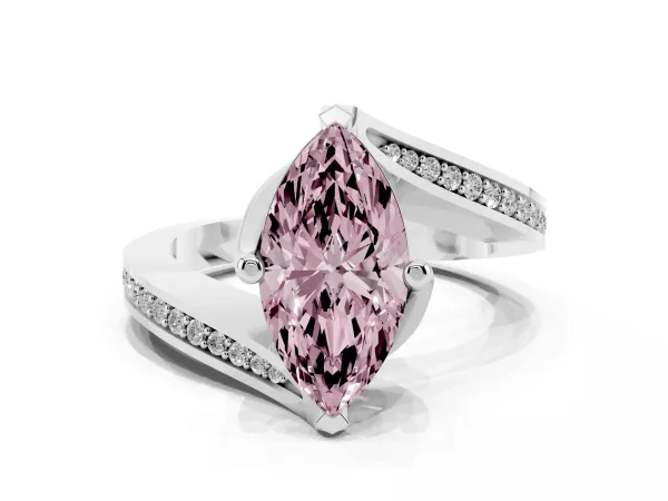 Fancy Pink Marquise Cut Solitaire Diamond Twist Band with Pavé Setting and Four-Prong Setting White gold